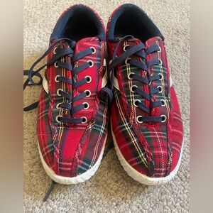 Red Plaid Sneakers with Navy Laces